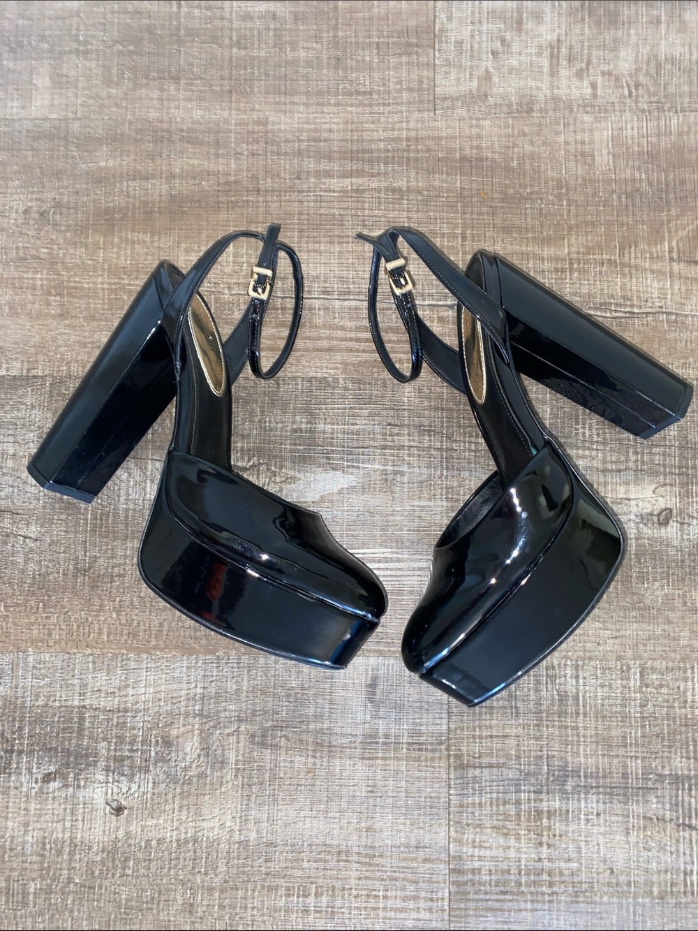 Express Black Patent Platform Block Heels with Ankle Strap